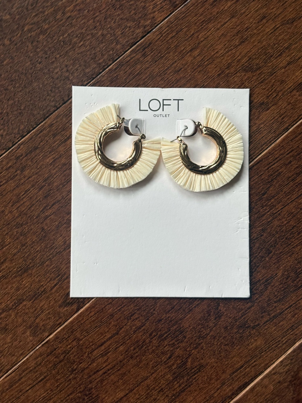 LOFT Gold Hoop Earrings with Cream Raffia Fringe